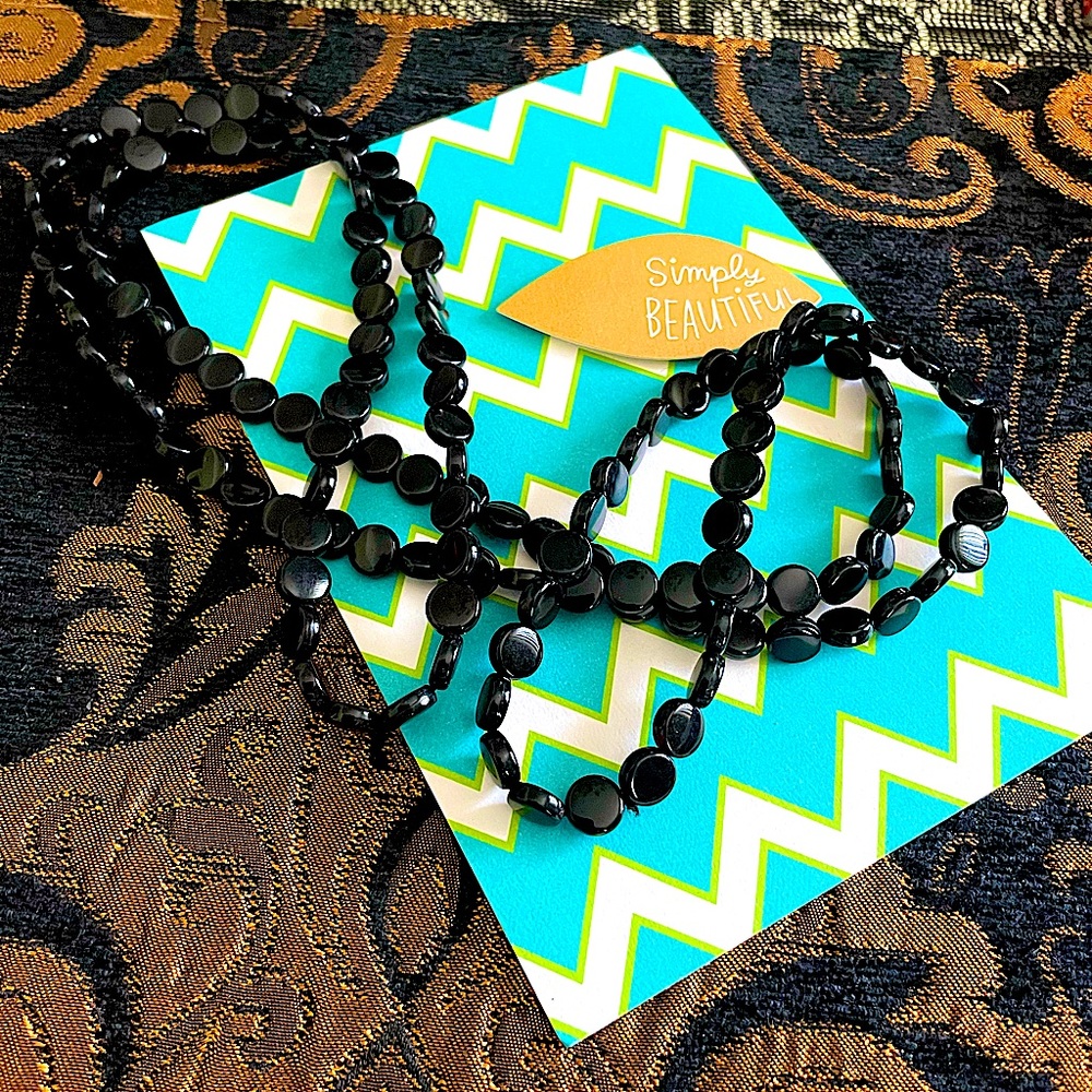 ♥️ Flawless Long JET BLACK flat / SHINY round beaded necklace 24” long jewelry